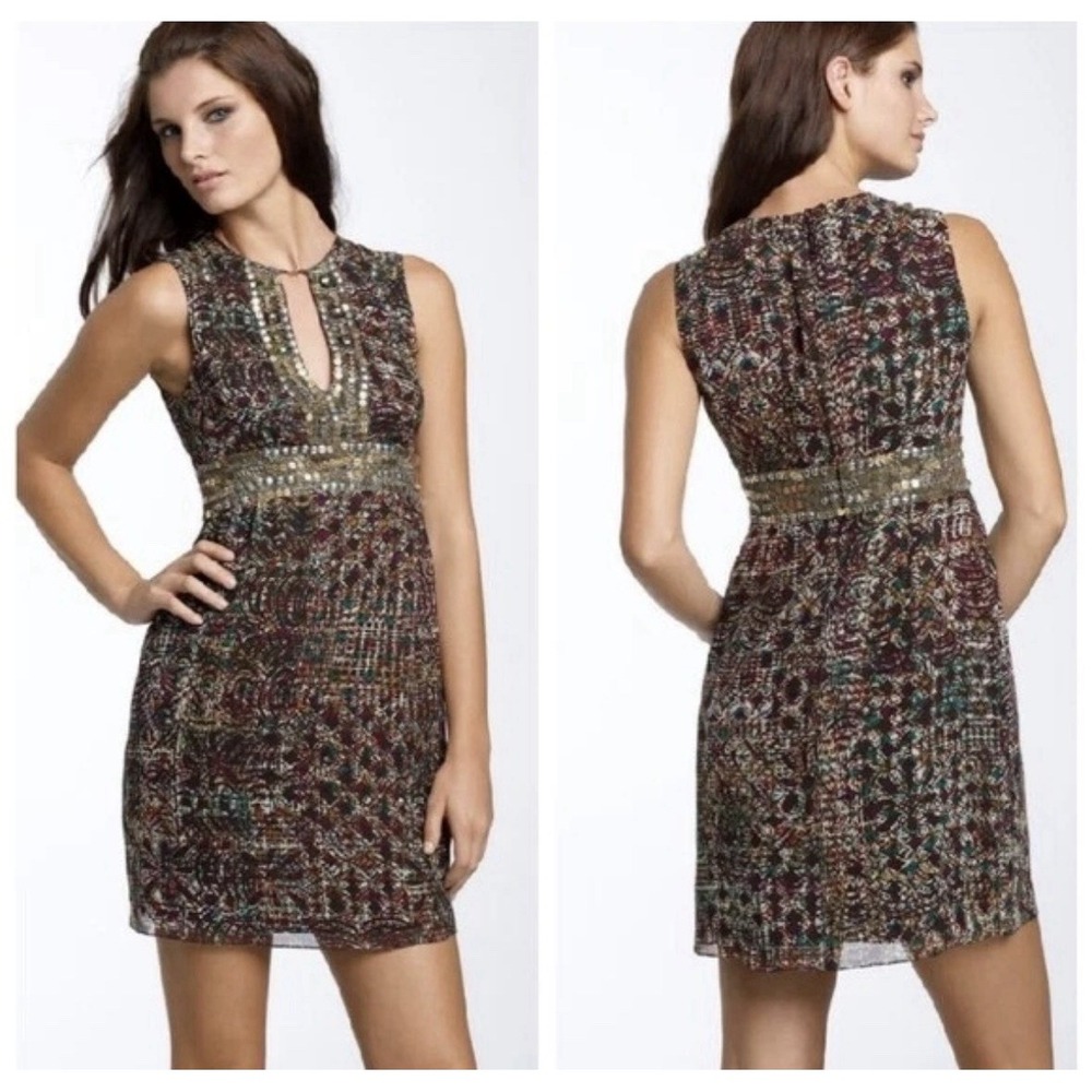 NANETTE LEPORE Love Me Multicolor Boho Chain Sequin 100% Silk Dress Sz 6 Y2K